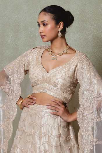 Buy Vedant G Champagne Tissue Sweetheart Neck Cutdana Embroidered Lehenga Set Online at Aza Fashions Buy_Vedant G_Champagne Tissue Sweetheart Neck Cutdana Embroidered Lehenga Set _Online_at_Aza_Fashions