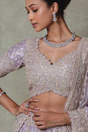 Buy_Vedant G_Lilac Tissue V-neck Embroidered Lehenga Set _Online_at_Aza_Fashions