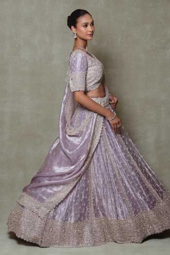 Shop_Vedant G_Lilac Tissue V-neck Embroidered Lehenga Set _Online_at_Aza_Fashions