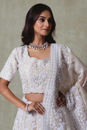 Vedant G_Gold Tissue Scoop Neck Embroidered Bridal Lehenga Set _Online_at_Aza_Fashions