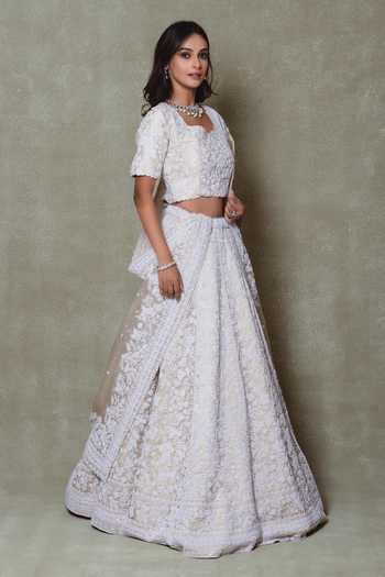 Buy_Vedant G_Gold Tissue Scoop Neck Embroidered Bridal Lehenga Set _Online_at_Aza_Fashions