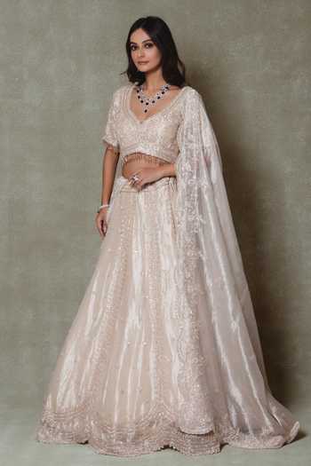 Vedant G Beige Tissue V-neck Pearl Embroidered Bridal Lehenga Set Online at Aza Fashions Vedant G_Beige Tissue V-neck Pearl Embroidered Bridal Lehenga Set _Online_at_Aza_Fashions