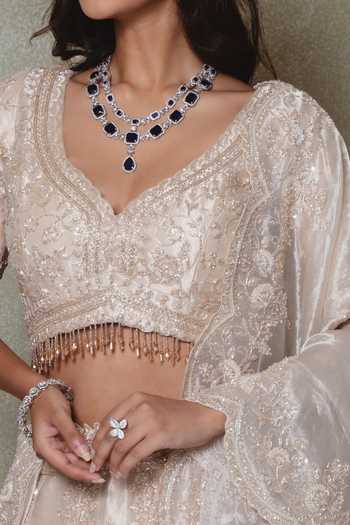 Shop Vedant G Beige Tissue V-neck Pearl Embroidered Bridal Lehenga Set Online at Aza Fashions Shop_Vedant G_Beige Tissue V-neck Pearl Embroidered Bridal Lehenga Set _Online_at_Aza_Fashions