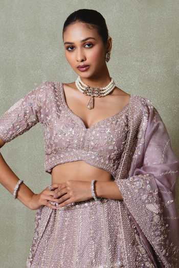 Vedant G Lavender Organza Sweetheart Neck Pearl Embroidered Lehenga Set Online at Aza Fashions Vedant G_Lavender Organza Sweetheart Neck Pearl Embroidered Lehenga Set _Online_at_Aza_Fashions