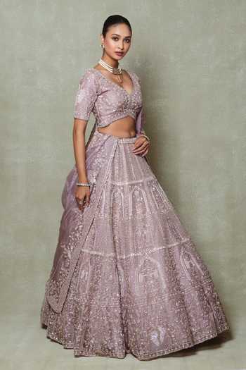Buy Vedant G Lavender Organza Sweetheart Neck Pearl Embroidered Lehenga Set Online at Aza Fashions Buy_Vedant G_Lavender Organza Sweetheart Neck Pearl Embroidered Lehenga Set _Online_at_Aza_Fashions