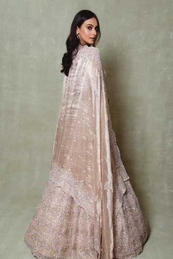 Vedant G_Peach Tissue Sweetheart Neck Embroidered Lehenga Set _Online_at_Aza_Fashions
