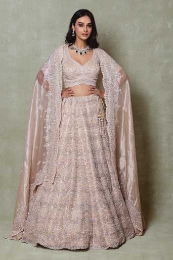 Vedant G Peach Tissue Embroidered Lehenga Set 