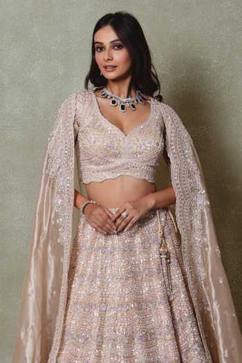 Buy_Vedant G_Peach Tissue Sweetheart Neck Embroidered Lehenga Set _Online_at_Aza_Fashions