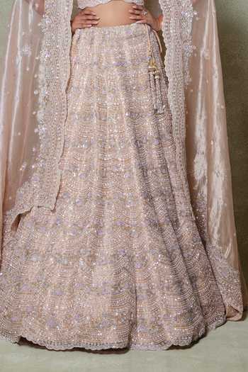 Shop_Vedant G_Peach Tissue Sweetheart Neck Embroidered Lehenga Set _Online_at_Aza_Fashions