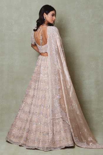 Vedant G Peach Tissue Embroidered Lehenga Set 