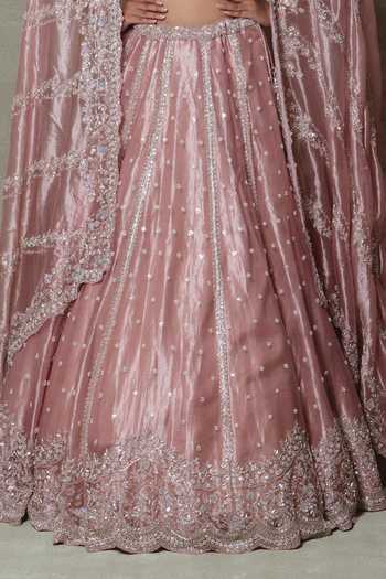 Vedant G_Pink Tissue Sweetheart Neck Embroidered Lehenga Set _Online_at_Aza_Fashions