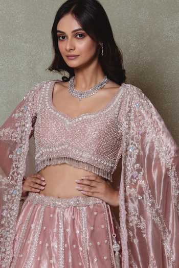 Buy_Vedant G_Pink Tissue Sweetheart Neck Embroidered Lehenga Set _Online_at_Aza_Fashions