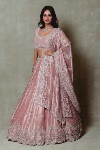 Shop_Vedant G_Pink Tissue Sweetheart Neck Embroidered Lehenga Set _Online_at_Aza_Fashions