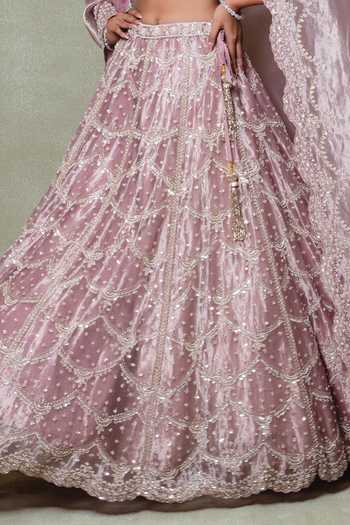 Vedant G_Pink Tissue V-neck Rose Embroidered Lehenga Set _Online_at_Aza_Fashions