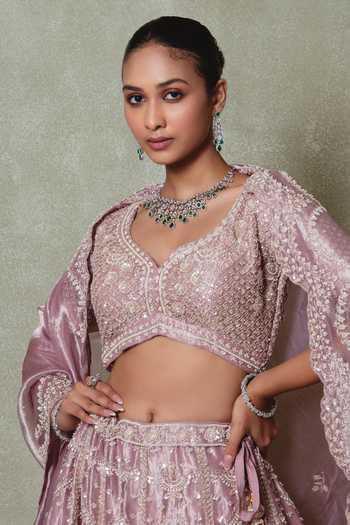 Buy_Vedant G_Pink Tissue V-neck Rose Embroidered Lehenga Set _Online_at_Aza_Fashions