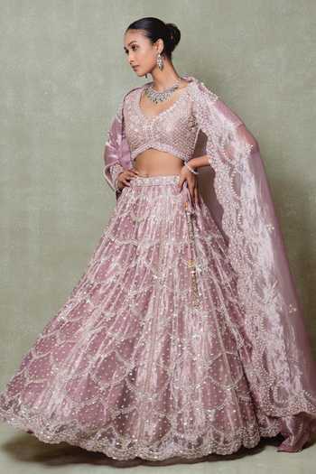 Shop_Vedant G_Pink Tissue V-neck Rose Embroidered Lehenga Set _Online_at_Aza_Fashions