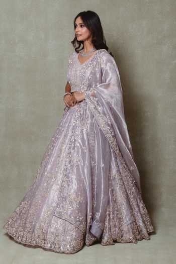 Vedant G Lilac Tissue V-neck Pearls Sequin Work Lehenga Set Online at Aza Fashions Vedant G_Lilac Tissue V-neck Pearls Sequin Work Lehenga Set _Online_at_Aza_Fashions