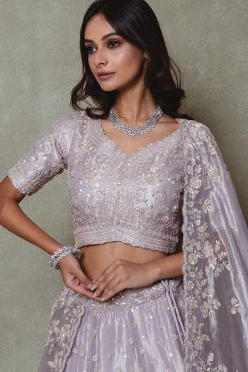 Shop Vedant G Lilac Tissue V-neck Pearls Sequin Work Lehenga Set Online at Aza Fashions Shop_Vedant G_Lilac Tissue V-neck Pearls Sequin Work Lehenga Set _Online_at_Aza_Fashions