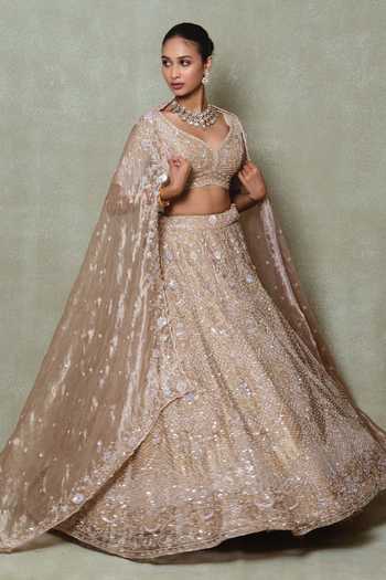 Vedant G Brown Tissue Sweetheart Neck Embroidered Lehenga Set Online at Aza Fashions Vedant G_Brown Tissue Sweetheart Neck Embroidered Lehenga Set _Online_at_Aza_Fashions