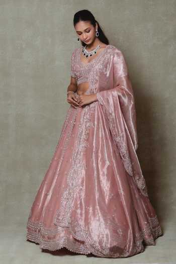 Vedant G Pink Tissue Embroidered Lehenga Set 