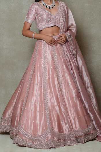 Vedant G_Pink Tissue Sweetheart Neck Embroidered Lehenga Set _Online_at_Aza_Fashions