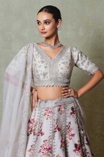 Vedant G_Grey Silk, Organza V-neck Printed And Embroidered Lehenga _Online_at_Aza_Fashions