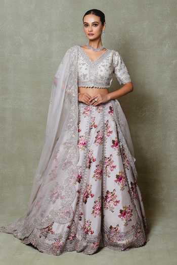 Vedant G Grey Silk Printed & Embroidered Lehenga 