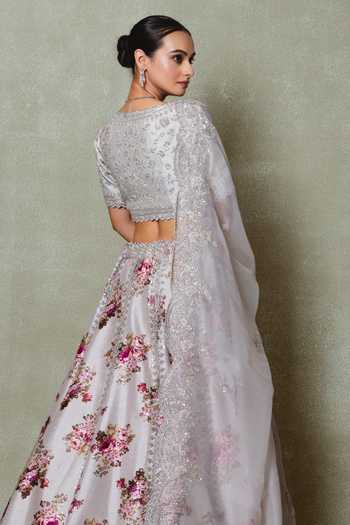 Vedant G Grey Silk Printed & Embroidered Lehenga 
