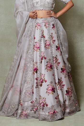 Buy_Vedant G_Grey Silk, Organza V-neck Printed And Embroidered Lehenga _Online_at_Aza_Fashions