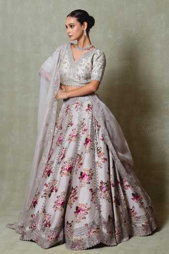 Shop_Vedant G_Grey Silk, Organza V-neck Printed And Embroidered Lehenga _Online_at_Aza_Fashions