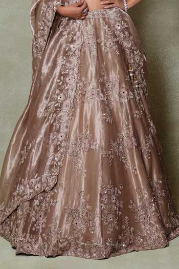 Vedant G Brown Tissue V-neck Embroidered Lehenga Set Online at Aza Fashions Vedant G_Brown Tissue V-neck Embroidered Lehenga Set _Online_at_Aza_Fashions