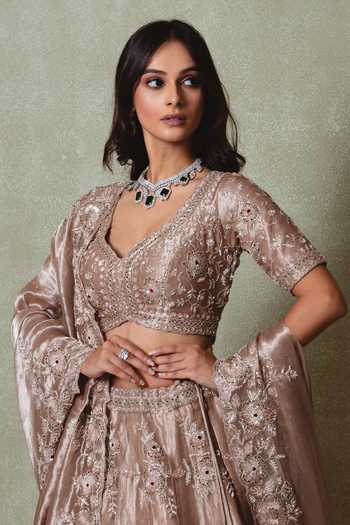 Buy Vedant G Brown Tissue V-neck Embroidered Lehenga Set Online at Aza Fashions Buy_Vedant G_Brown Tissue V-neck Embroidered Lehenga Set _Online_at_Aza_Fashions