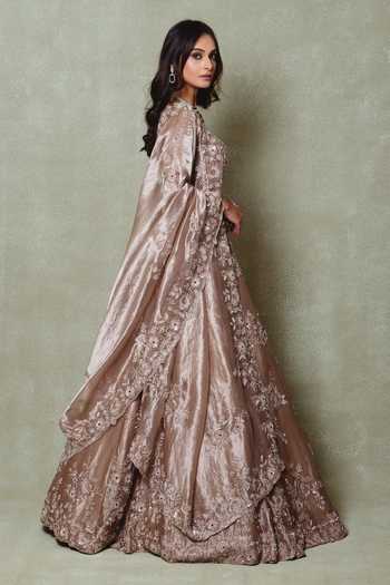Shop Vedant G Brown Tissue V-neck Embroidered Lehenga Set Online at Aza Fashions Shop_Vedant G_Brown Tissue V-neck Embroidered Lehenga Set _Online_at_Aza_Fashions