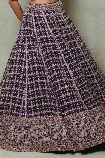 Shop Vedant G Purple Organza V-neck Cutdana Embroidered Lehenga Set Online at Aza Fashions Shop_Vedant G_Purple Organza V-neck Cutdana Embroidered Lehenga Set _Online_at_Aza_Fashions