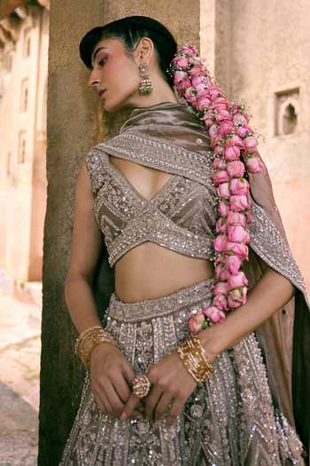 Vedant G_Grey Tissue V-neck Sequins Work Lehenga Set _Online_at_Aza_Fashions