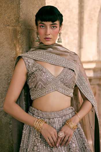 Buy_Vedant G_Grey Tissue V-neck Sequins Work Lehenga Set _Online_at_Aza_Fashions