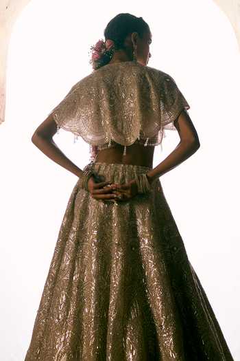 Vedant G Champagne Tissue Cape Lehenga Set 