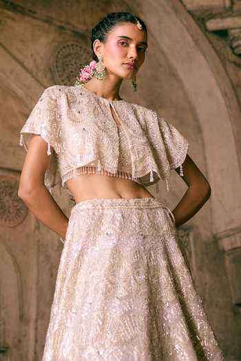 Vedant G_Beige Tissue High Neck Champagne Cape Lehenga Set _Online_at_Aza_Fashions