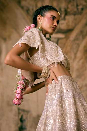 Buy_Vedant G_Beige Tissue High Neck Champagne Cape Lehenga Set _Online_at_Aza_Fashions