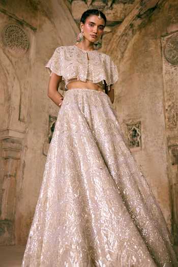 Shop_Vedant G_Beige Tissue High Neck Champagne Cape Lehenga Set _Online_at_Aza_Fashions