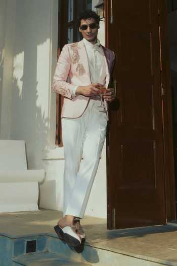 Varun Bahl_Pink Silk, Cotton Embroidery Tuxedo And Pant Set _Online_at_Aza_Fashions