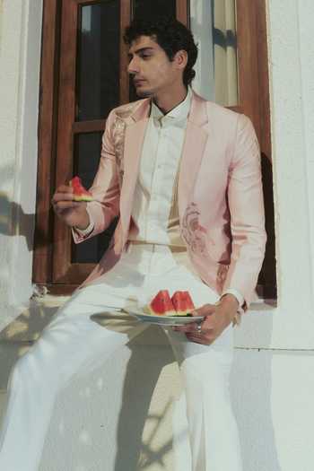 Buy_Varun Bahl_Pink Silk, Cotton Embroidery Tuxedo And Pant Set _Online_at_Aza_Fashions