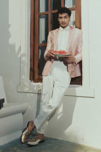 Shop_Varun Bahl_Pink Silk, Cotton Embroidery Tuxedo And Pant Set _Online_at_Aza_Fashions