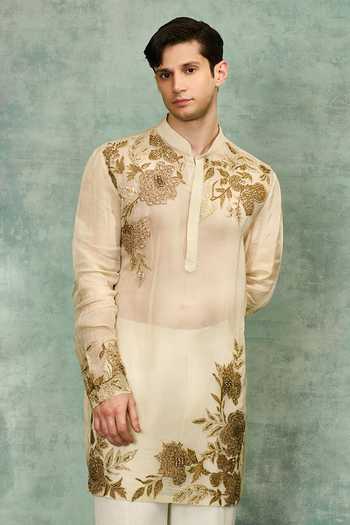 Varun Bahl_Beige Organza Heritage Embroidered Kurta Set _Online_at_Aza_Fashions