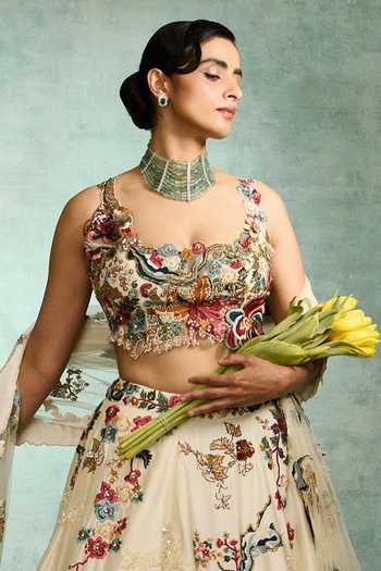 Varun Bahl Ivory Net, Modal, Dupion Square Neck Enchanted Embroidered Lehenga Set Online at Aza Fashions Varun Bahl_Ivory Net, Modal, Dupion Square Neck Enchanted Embroidered Lehenga Set _Online_at_Aza_Fashions