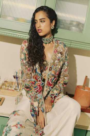 Varun Bahl Ivory Satin, Net, Modal Pearls Open Neck, Ethereal Embellished Jacket And Pant Set at Aza Fashions Varun Bahl_Ivory Satin, Net, Modal Pearls Open Neck, Ethereal Embellished Jacket And Pant Set _at_Aza_Fashions