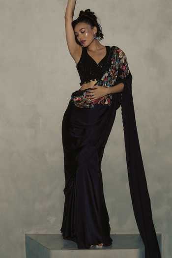 Varun Bahl Black Satin, Chiffon V-neck Embroidered Pre-draped Saree With Blouse Online at Aza Fashions Varun Bahl_Black Satin, Chiffon V-neck Embroidered Pre-draped Saree With Blouse _Online_at_Aza_Fashions