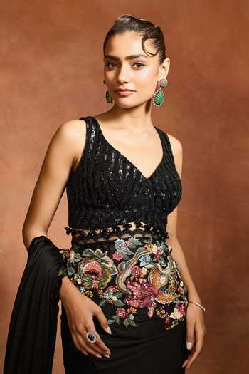 Shop Varun Bahl Black Satin, Chiffon V-neck Embroidered Pre-draped Saree With Blouse Online at Aza Fashions Shop_Varun Bahl_Black Satin, Chiffon V-neck Embroidered Pre-draped Saree With Blouse _Online_at_Aza_Fashions