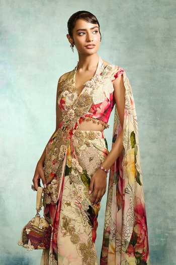 Shop Varun Bahl Gold Satin, Net, Modal, Georgette Halter Embellished Pre-draped Saree And Blouse Online at Aza Fashions Shop_Varun Bahl_Gold Satin, Net, Modal, Georgette Halter Embellished Pre-draped Saree And Blouse _Online_at_Aza_Fashions
