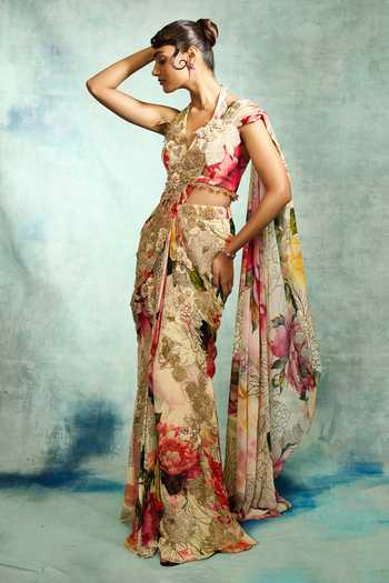 Varun Bahl Gold Satin, Net, Modal, Georgette Halter Embellished Pre-draped Saree And Blouse at Aza Fashions Varun Bahl_Gold Satin, Net, Modal, Georgette Halter Embellished Pre-draped Saree And Blouse _at_Aza_Fashions